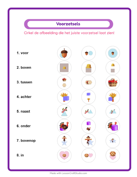 Voorbeeld van het Voorzetsels-werkblad met Thanksgiving voor kleuterklas