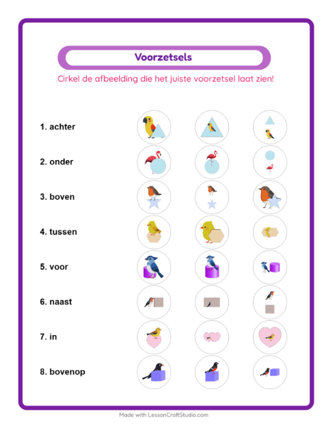 Voorbeeld van het Voorzetsels-werkblad met Vogels 2 voor kleuterklas