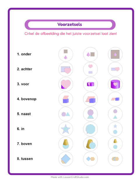 Voorbeeld van het Voorzetsels-werkblad met Vormen voor kleuterklas
