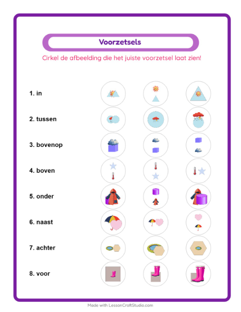 Voorbeeld van het Voorzetsels-werkblad met Weer voor kleuterklas