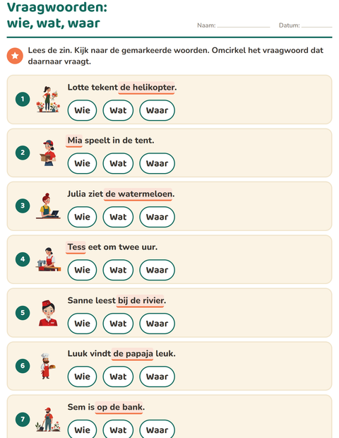Voorbeeld van het Vraagwoorden-werkblad voor groep 3