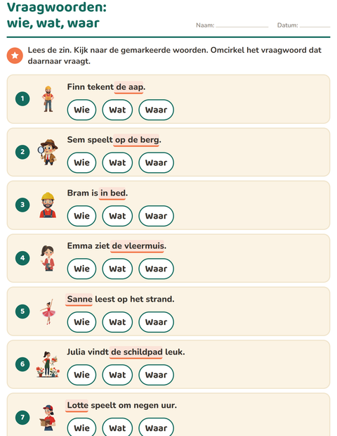 Vraagwoorden: wie, wat of waar?