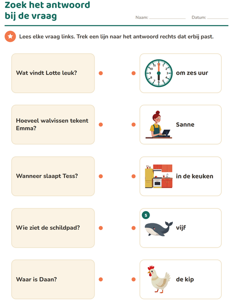 Voorbeeld van het Vraagwoorden-werkblad voor groep 3
