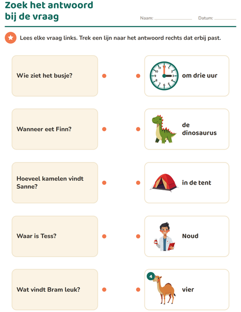 Voorbeeld van het Vraagwoorden-werkblad voor groep 3