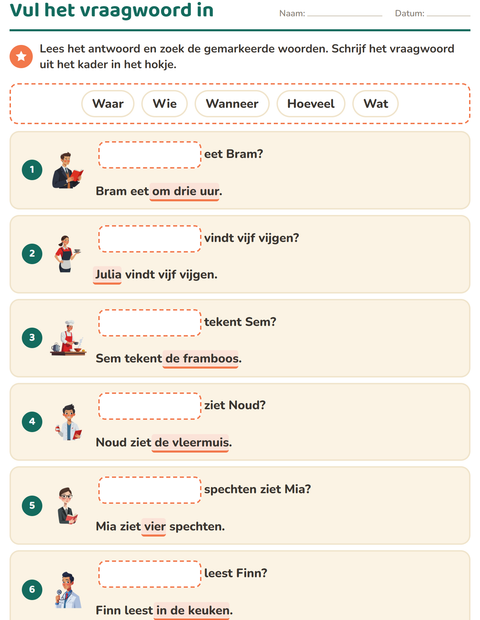 Voorbeeld van het Vraagwoorden-werkblad voor groep 3