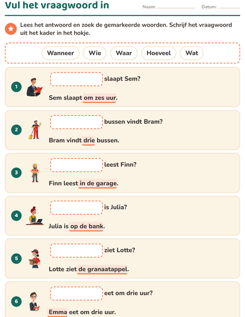 Voorbeeld van het Vraagwoorden-werkblad voor groep 3