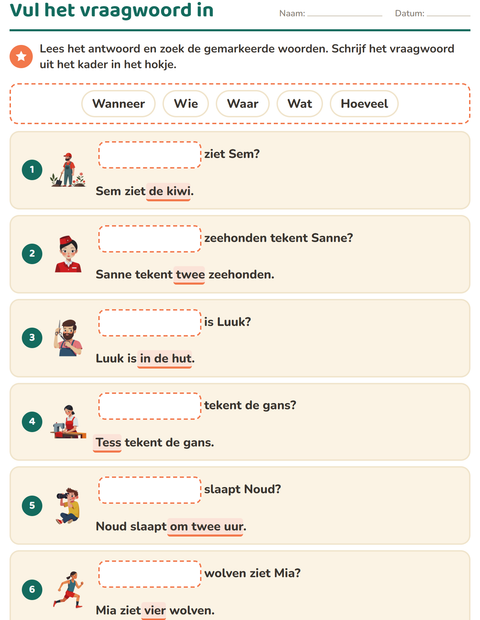 Voorbeeld van het Vraagwoorden-werkblad voor groep 3