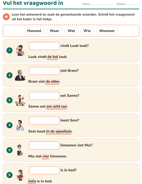 Voorbeeld van Vul het juiste vraagwoord in