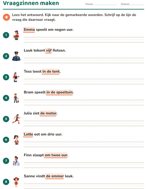 Voorbeeld van het Vraagwoorden-werkblad voor groep 4
