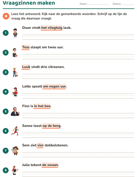Voorbeeld van het Vraagwoorden-werkblad voor groep 4