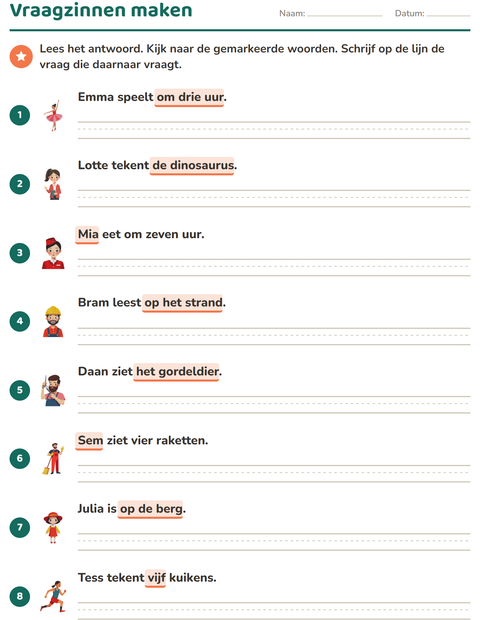 Voorbeeld van het Vraagwoorden-werkblad voor groep 4