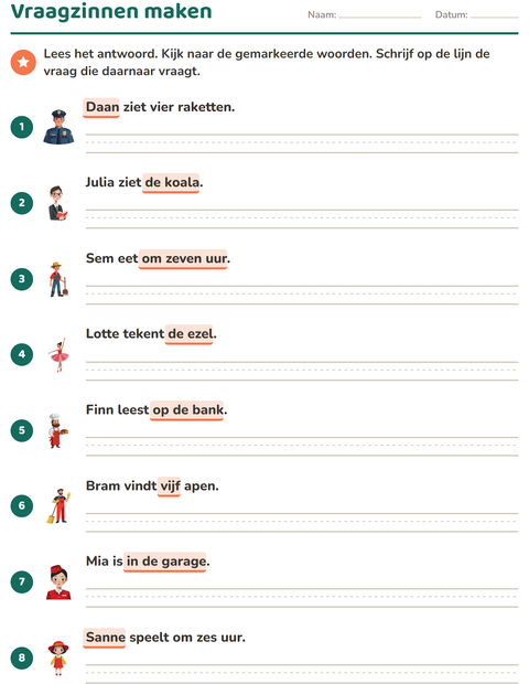 Voorbeeld van het Vraagwoorden-werkblad voor groep 4