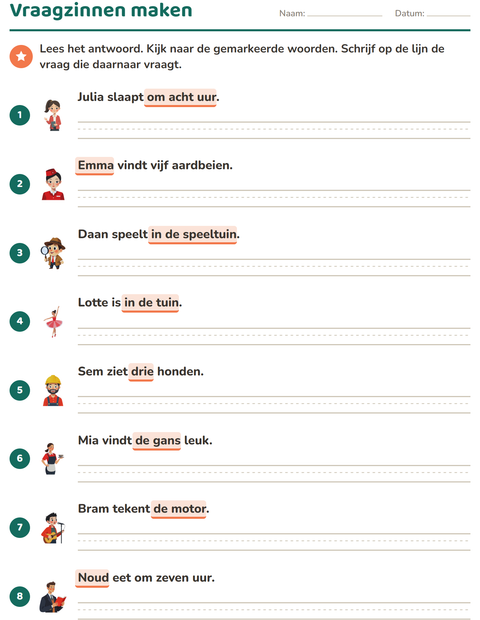 Vraagzinnen maken: schrijf de vraag bij het antwoord