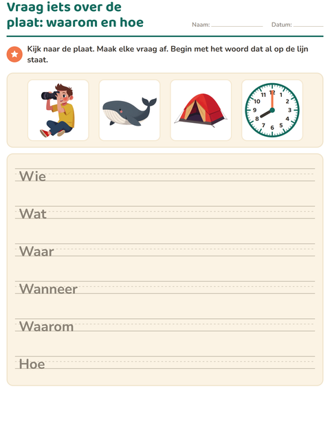 Voorbeeld van het Vraagwoorden-werkblad voor groep 4