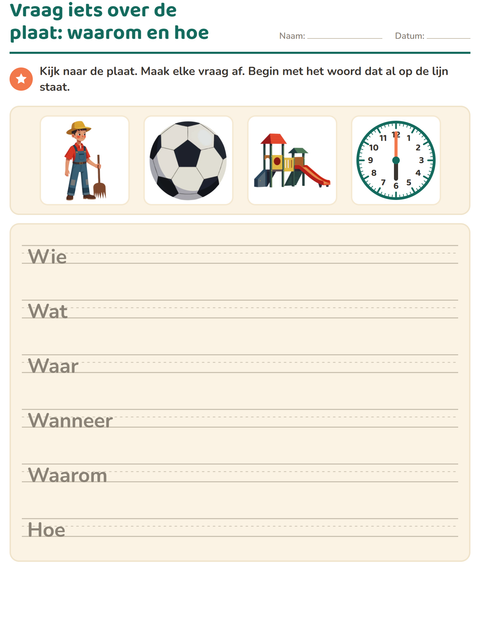 Voorbeeld van het Vraagwoorden-werkblad voor groep 4