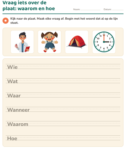 Voorbeeld van het Vraagwoorden-werkblad voor groep 4