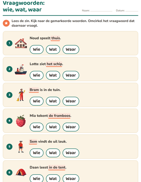 Voorbeeld van het Vraagwoorden-werkblad voor groep 3