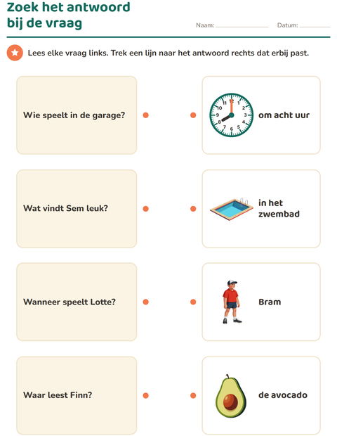 Voorbeeld van het Vraagwoorden-werkblad voor groep 3