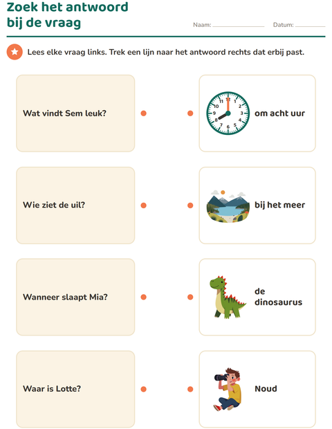 Voorbeeld van het Vraagwoorden-werkblad voor groep 3