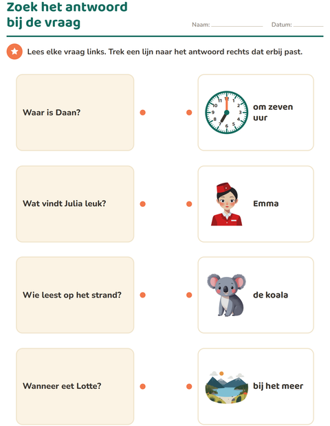 Voorbeeld van het Vraagwoorden-werkblad voor groep 3