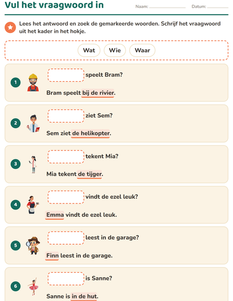 Voorbeeld van het Vraagwoorden-werkblad voor groep 3