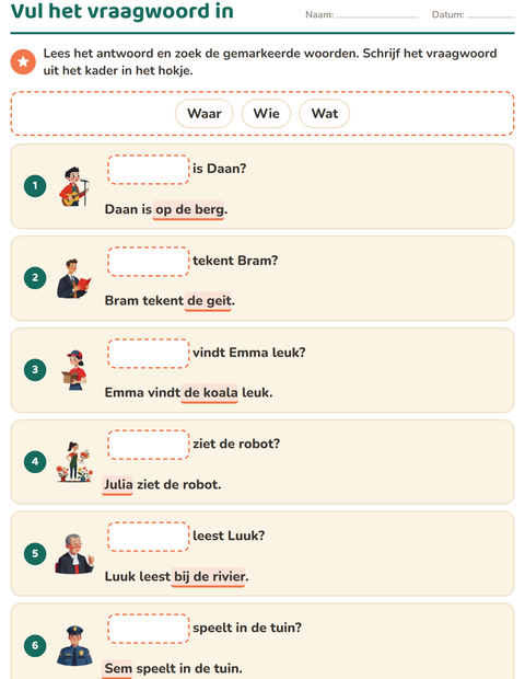 Voorbeeld van het Vraagwoorden-werkblad voor groep 3
