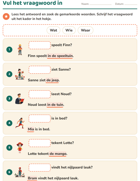 Voorbeeld van het Vraagwoorden-werkblad voor groep 3