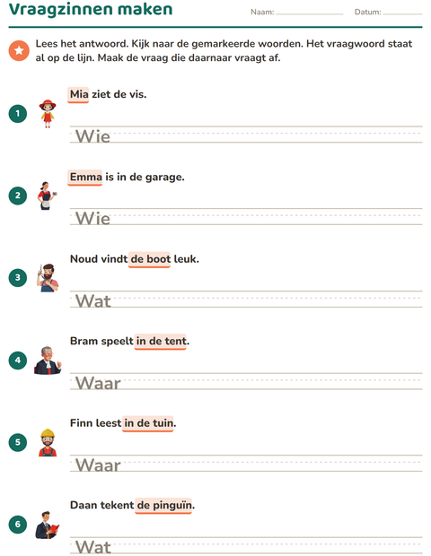 Voorbeeld van het Vraagwoorden-werkblad voor groep 4