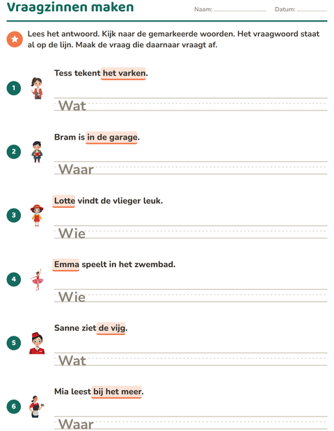 Voorbeeld van het Vraagwoorden-werkblad voor groep 4