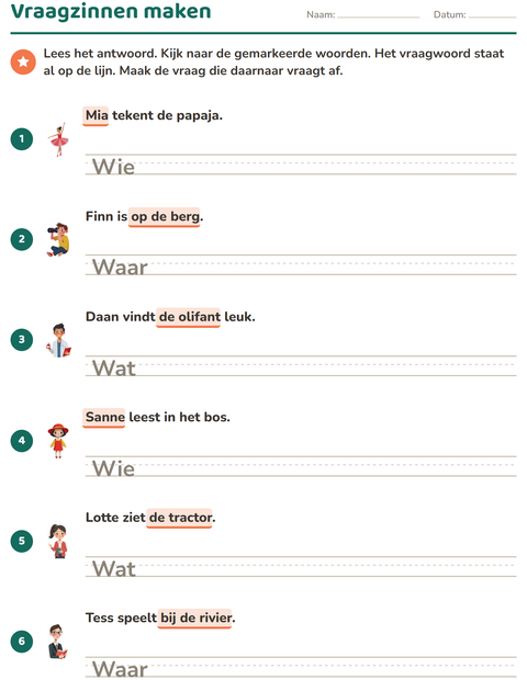 Voorbeeld van het Vraagwoorden-werkblad voor groep 4
