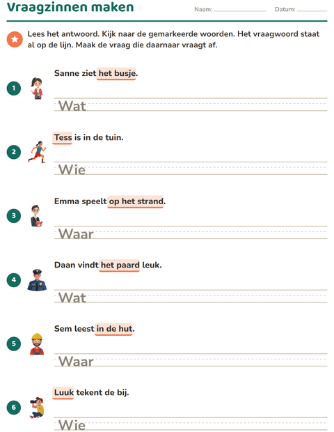 Voorbeeld van het Vraagwoorden-werkblad voor groep 4