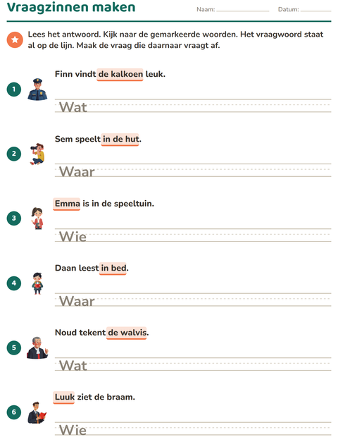 Voorbeeld van het Vraagwoorden-werkblad voor groep 4