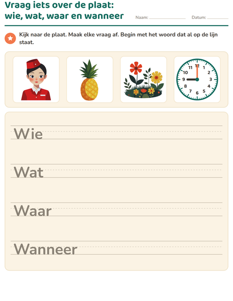 Voorbeeld van het Vraagwoorden-werkblad voor groep 4