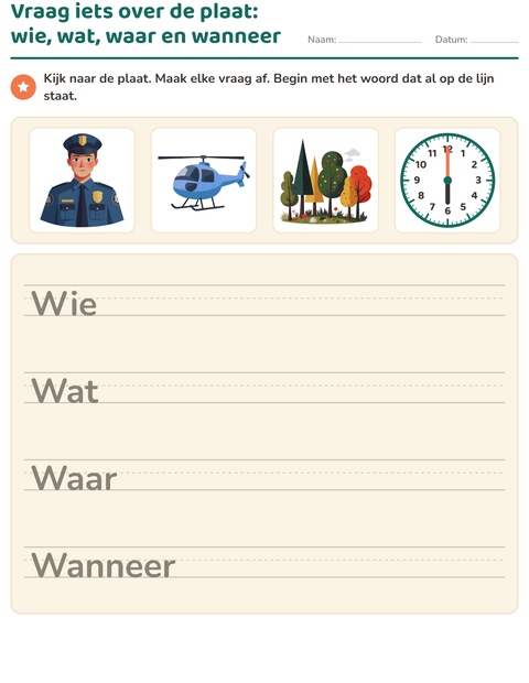 Voorbeeld van het Vraagwoorden-werkblad voor groep 4