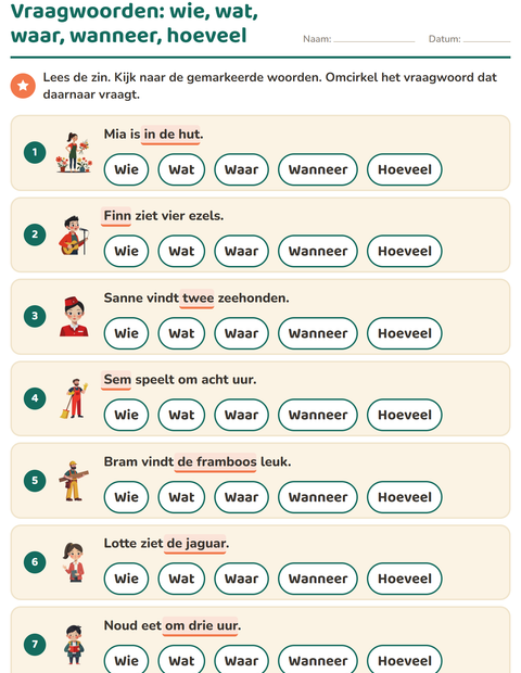 Voorbeeld van het Vraagwoorden-werkblad voor groep 3