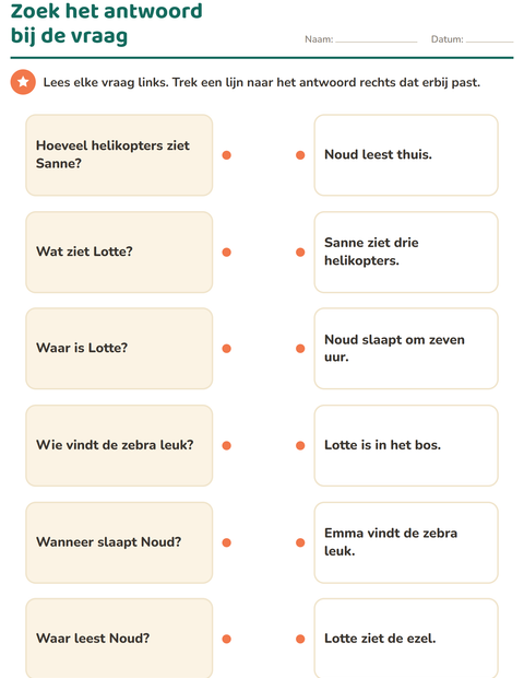 Voorbeeld van het Vraagwoorden-werkblad voor groep 3