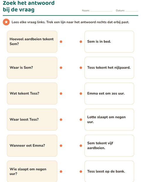 Voorbeeld van het Vraagwoorden-werkblad voor groep 3