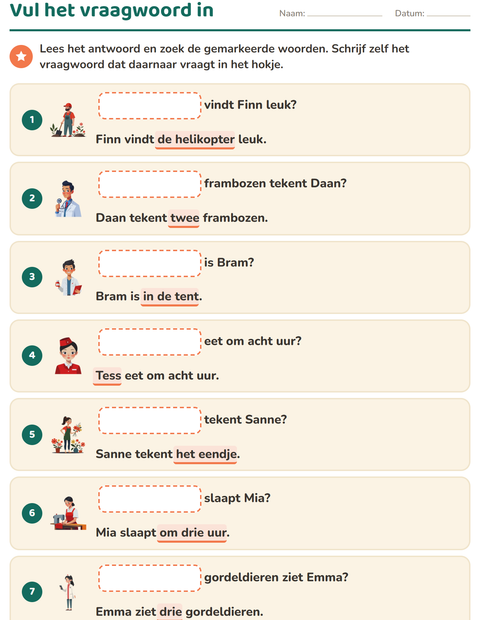 Voorbeeld van het Vraagwoorden-werkblad voor groep 3