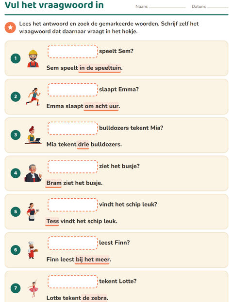 Voorbeeld van het Vraagwoorden-werkblad voor groep 3