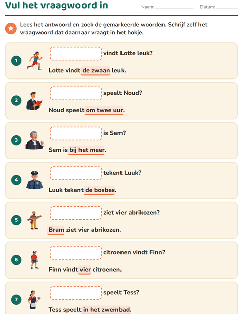 Voorbeeld van het Vraagwoorden-werkblad voor groep 3