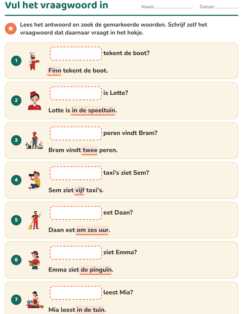 Voorbeeld van het Vraagwoorden-werkblad voor groep 3