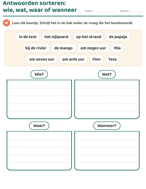 Voorbeeld van het Vraagwoorden-werkblad voor groep 3