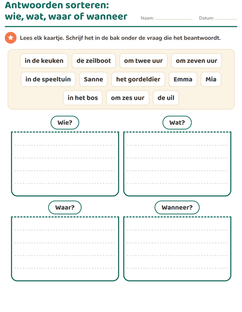Voorbeeld van het Vraagwoorden-werkblad voor groep 3
