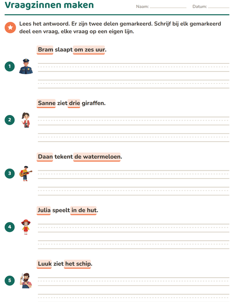 Voorbeeld van het Vraagwoorden-werkblad voor groep 4
