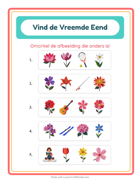 Voorbeeld van het Welke Hoort Er Niet Thuis-werkblad met Bloemen voor kleuterklas