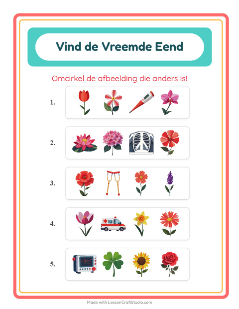 Voorbeeld van het Welke Hoort Er Niet Thuis-werkblad met Bloemen voor kleuterklas