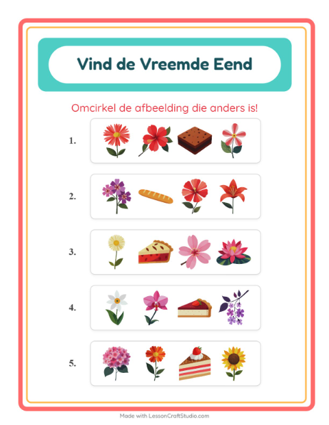 Voorbeeld van het Welke Hoort Er Niet Thuis-werkblad met Bloemen voor kleuterklas
