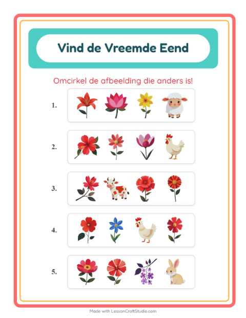 Voorbeeld van het Welke Hoort Er Niet Thuis-werkblad met Bloemen voor kleuterklas