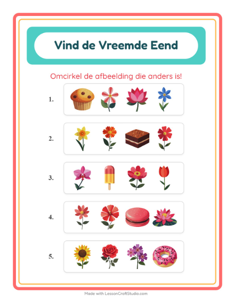 Voorbeeld van het Welke Hoort Er Niet Thuis-werkblad met Bloemen voor kleuterklas