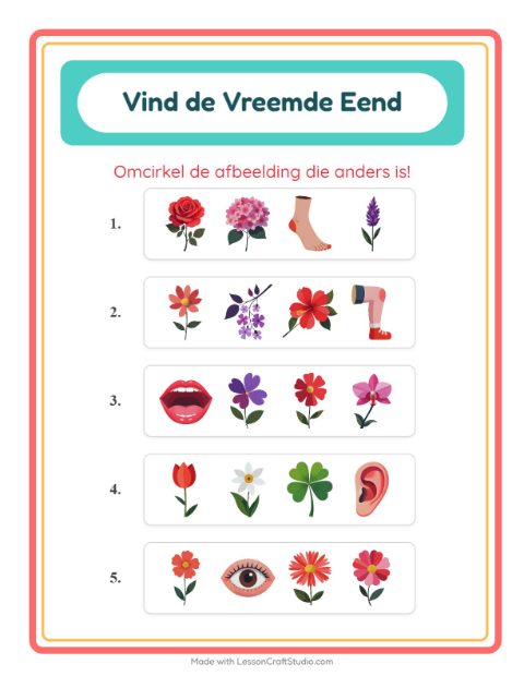 Voorbeeld van het Welke Hoort Er Niet Thuis-werkblad met Bloemen voor kleuterklas